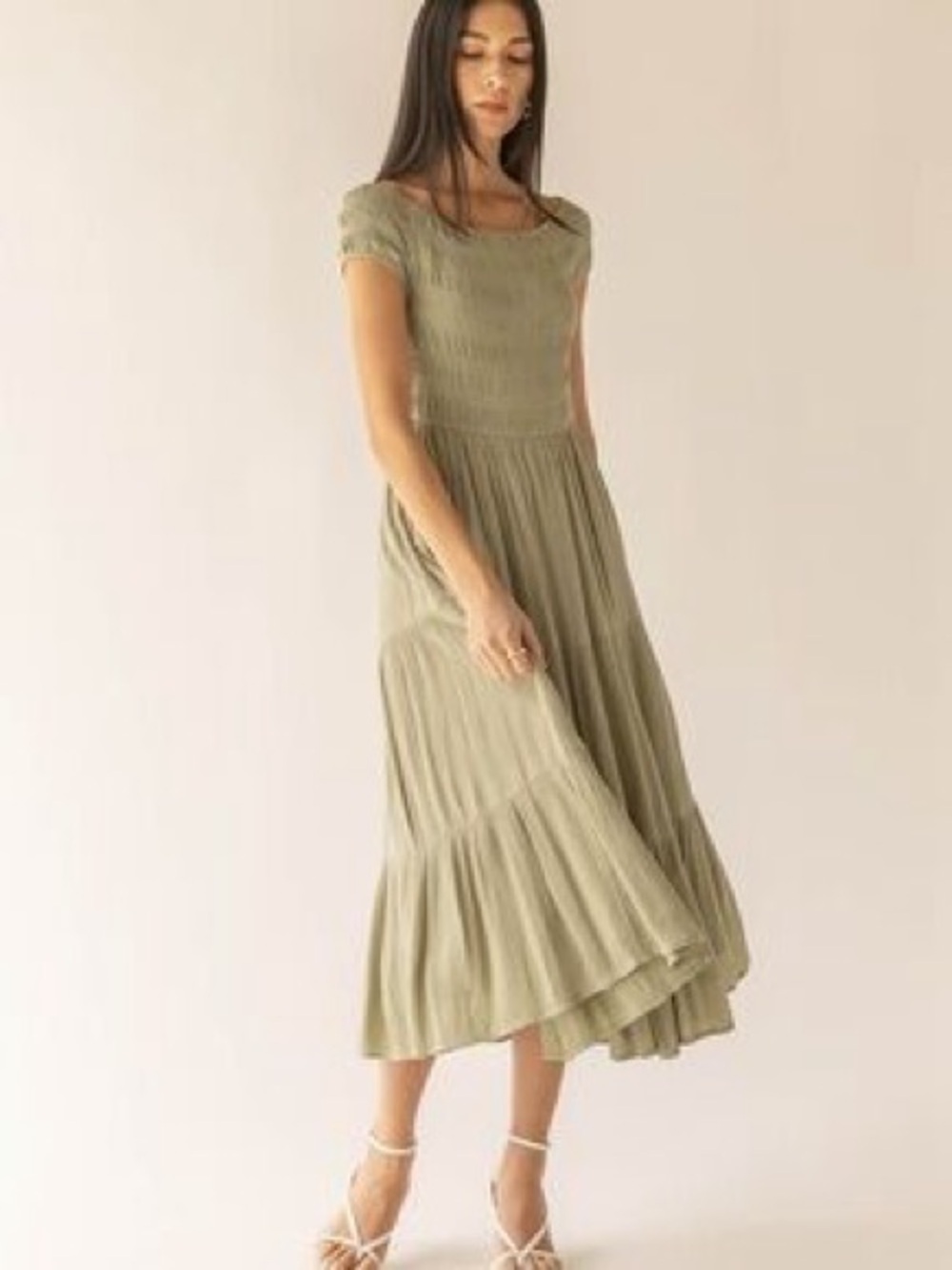 NWOT OAK + FORT Olive Green Smocked Cap-Sleeve Midi Dress sz S